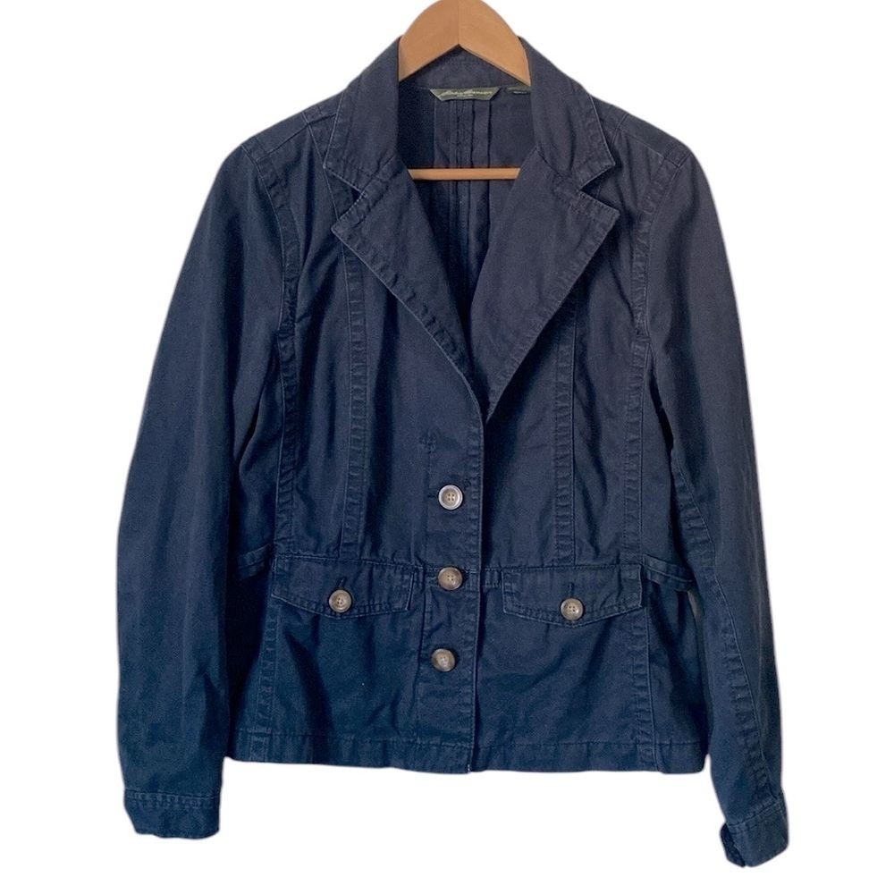 Eddie Bauer Jacket Womens Cotton Blazer navy blue Button Front size 14